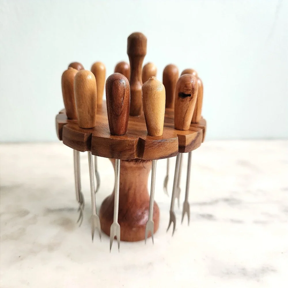 Vintage MCM Olive Wood Cocktail Appetizer Pick Set 12 Piece‎ with Stand